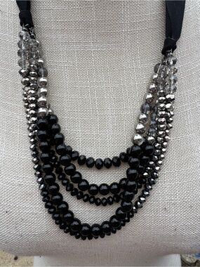 LOFT Black Satin Ribbon Necklace with Bead Drop